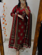 Red Ethnic Printed Kurti Pant Dupatta Set Traditional Daily & Festive Wear