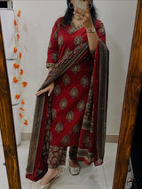 Red Ethnic Printed Kurti Pant Dupatta Set Traditional Daily & Festive Wear