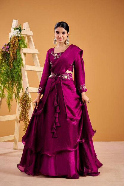 Wine Heavy Fandy Satin Lehenga Set