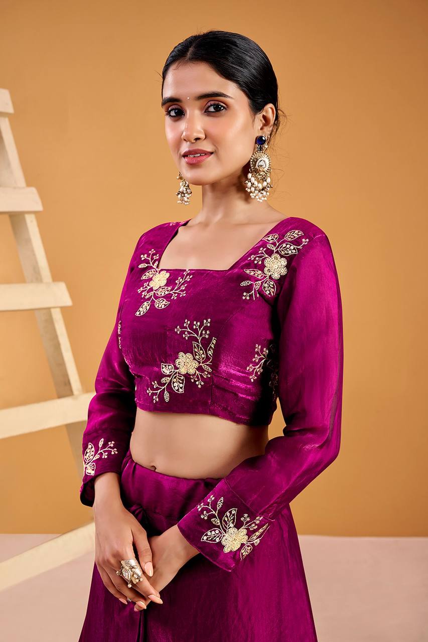 Wine Heavy Fandy Satin Lehenga Set