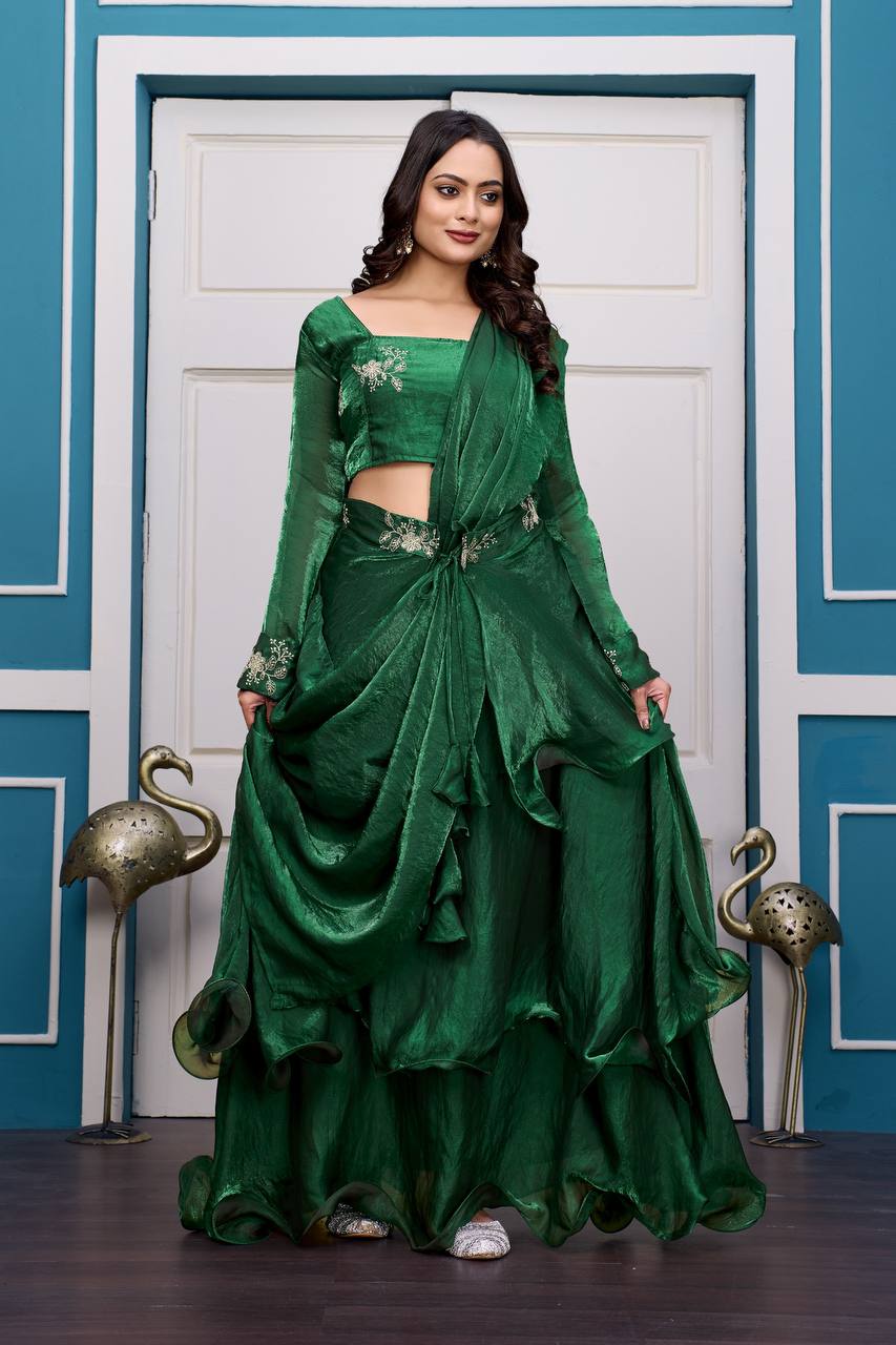 Green Heavy Fandy Satin Lehenga Set