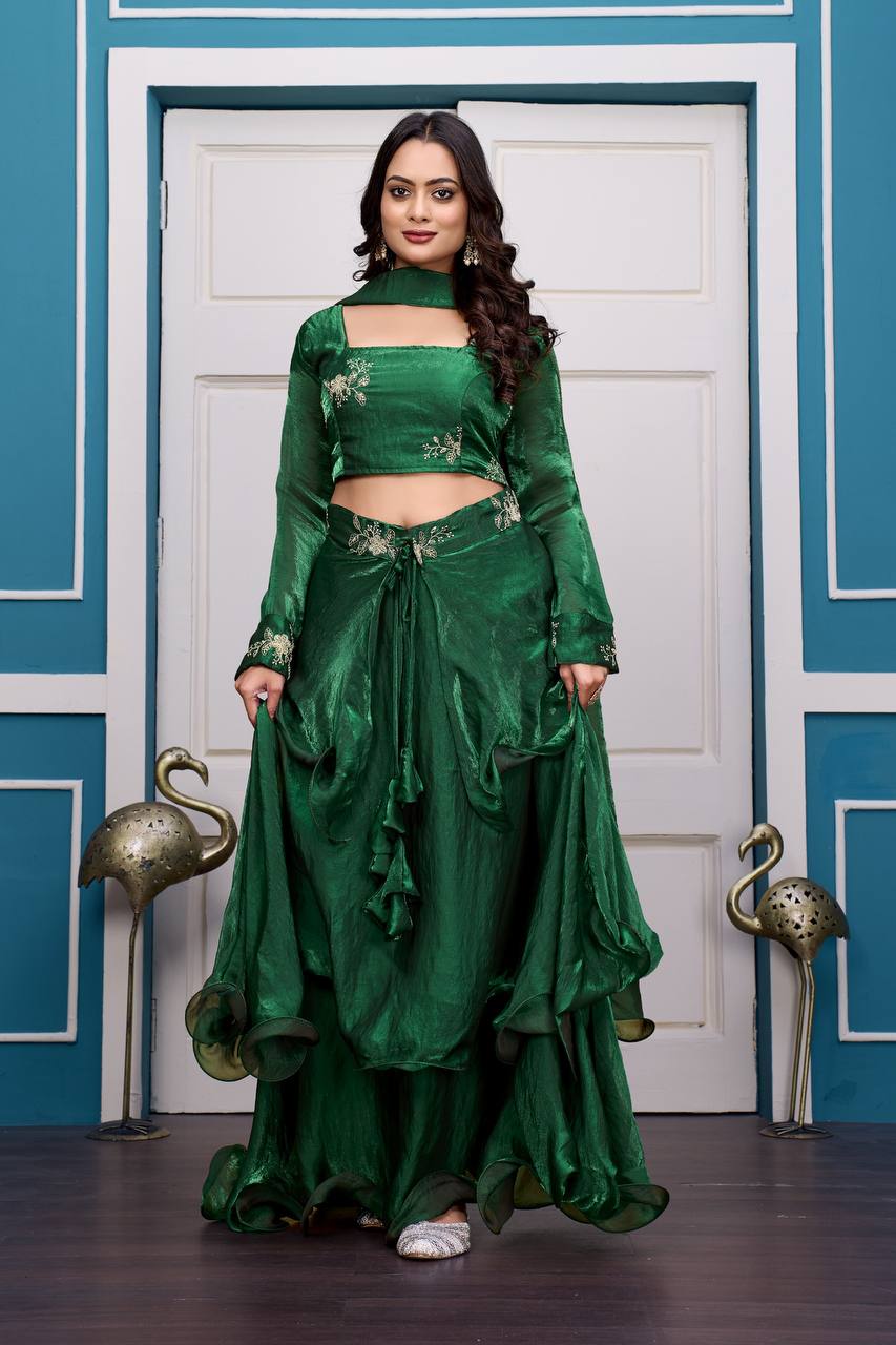 Green Heavy Fandy Satin Lehenga Set