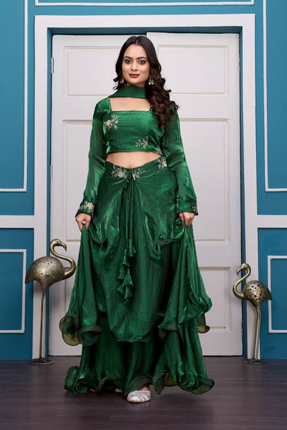 Green Heavy Fandy Satin Lehenga Set