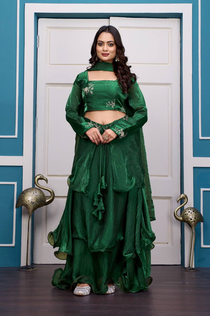 Green Heavy Fandy Satin Lehenga Set