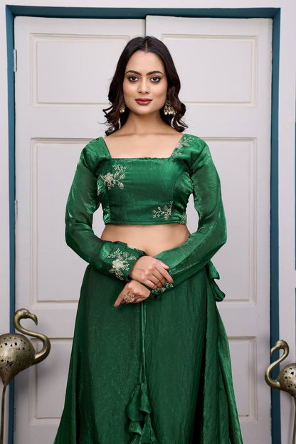 Green Heavy Fandy Satin Lehenga Set