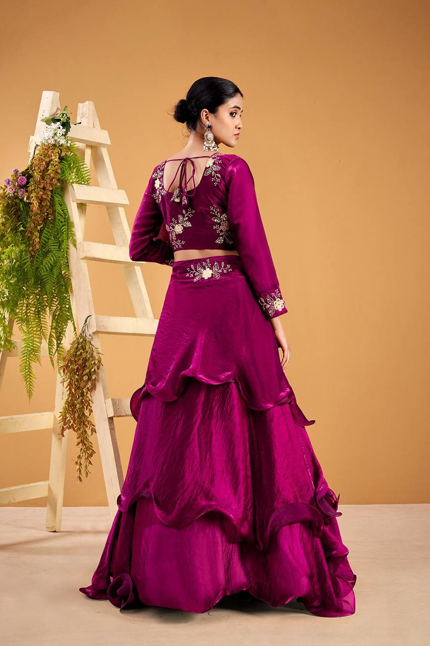 Wine Heavy Fandy Satin Lehenga Set