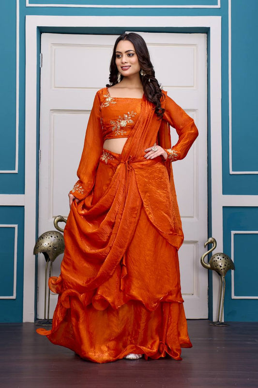 Orange Heavy Fandy Satin Lehenga Set