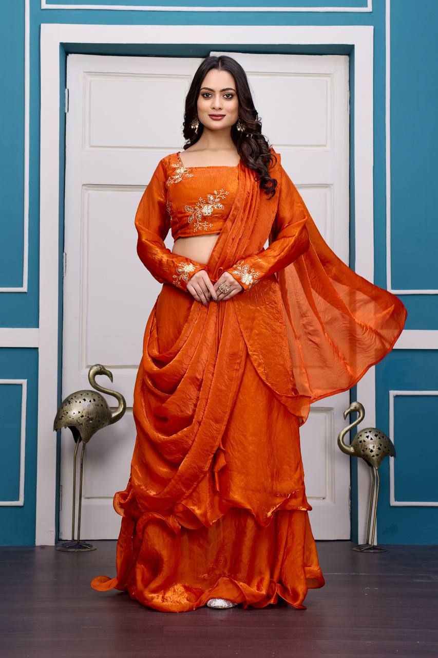 Orange Heavy Fandy Satin Lehenga Set