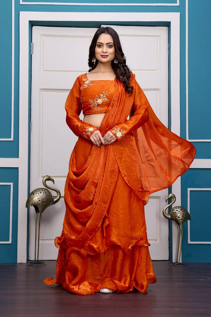 Orange Heavy Fandy Satin Lehenga Set