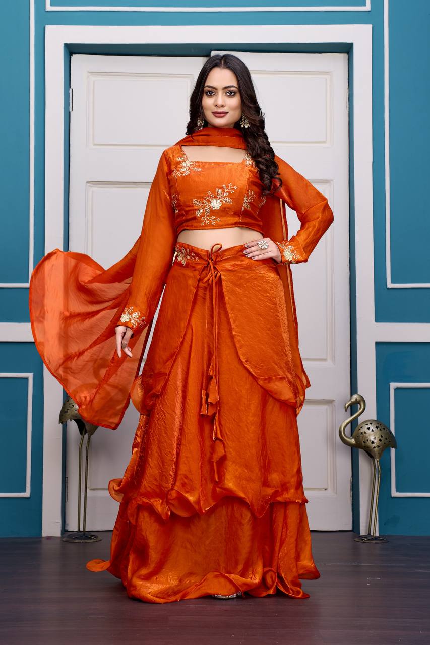 Orange Heavy Fandy Satin Lehenga Set