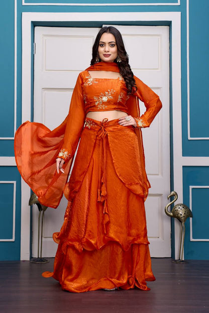 Orange Heavy Fandy Satin Lehenga Set