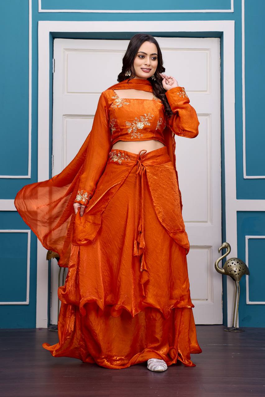 Orange Heavy Fandy Satin Lehenga Set