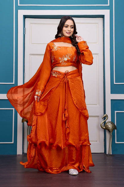 Orange Heavy Fandy Satin Lehenga Set
