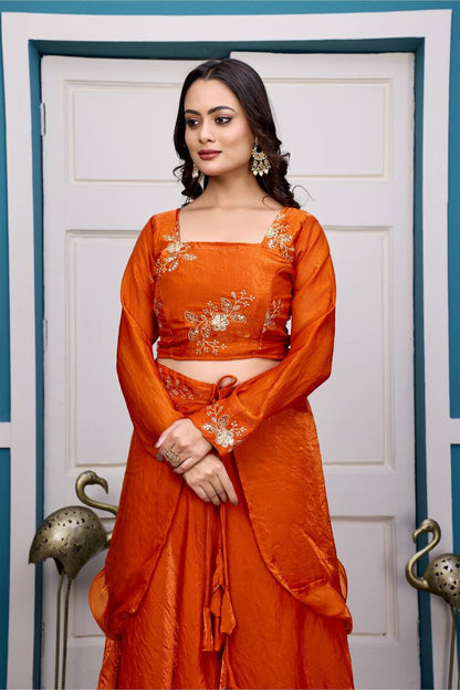 Orange Heavy Fandy Satin Lehenga Set