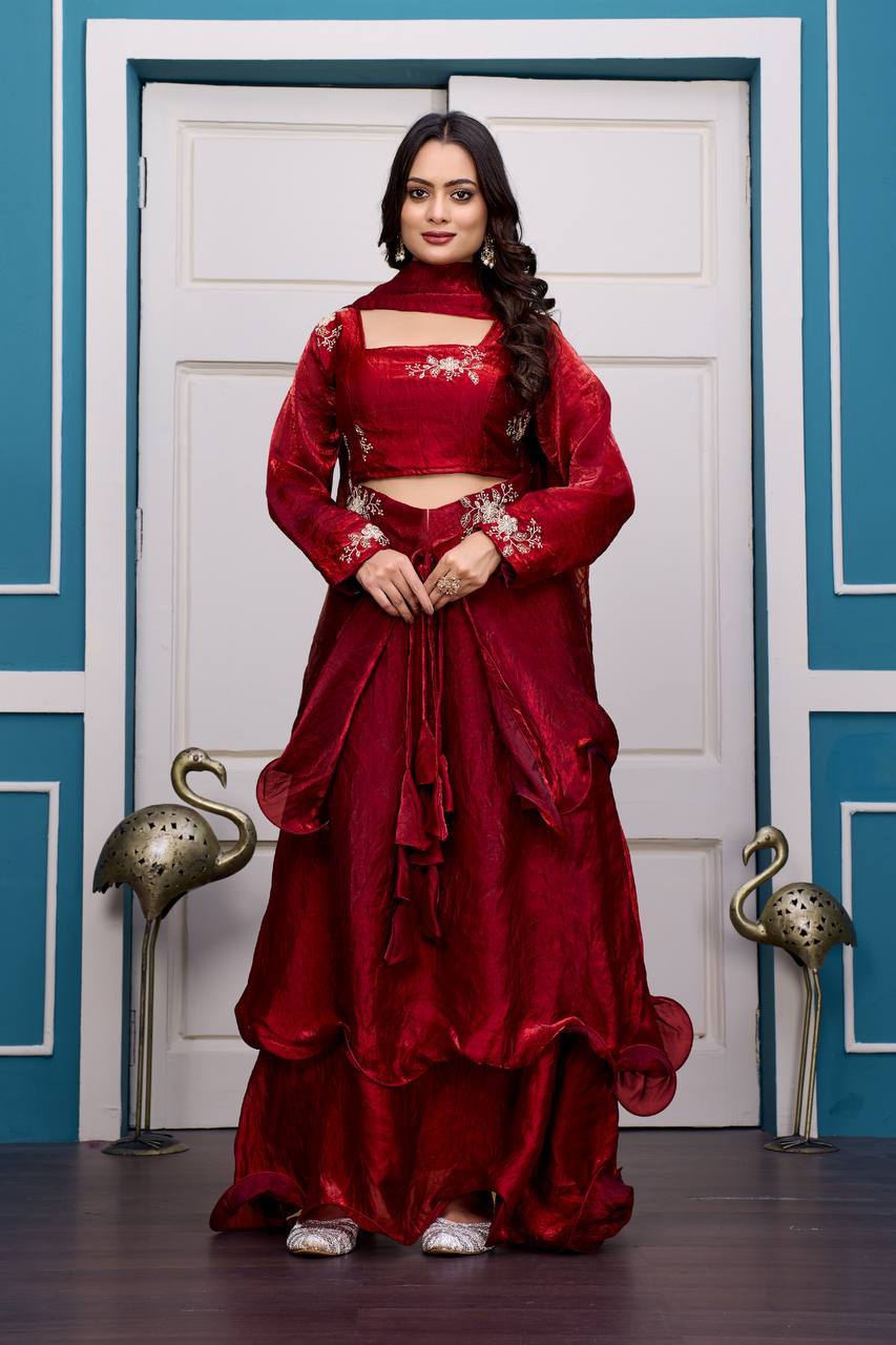 Maroon Heavy Fandy Satin Lehenga Set