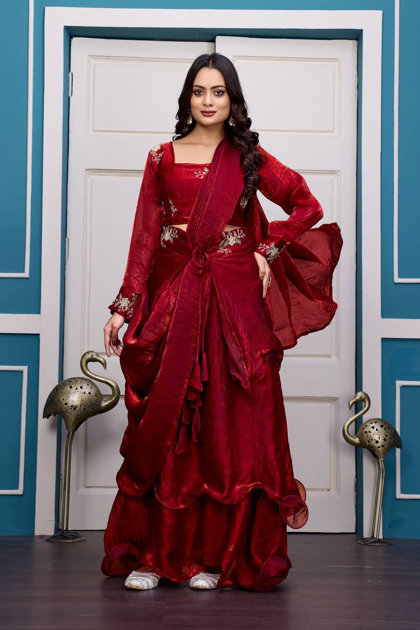 Maroon Heavy Fandy Satin Lehenga Set