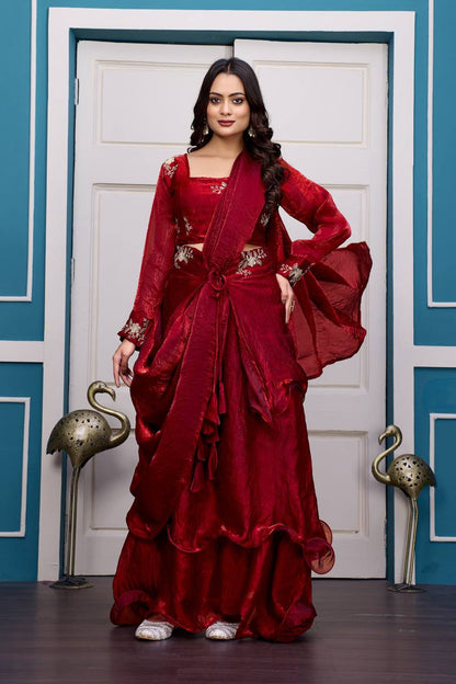 Maroon Heavy Fandy Satin Lehenga Set