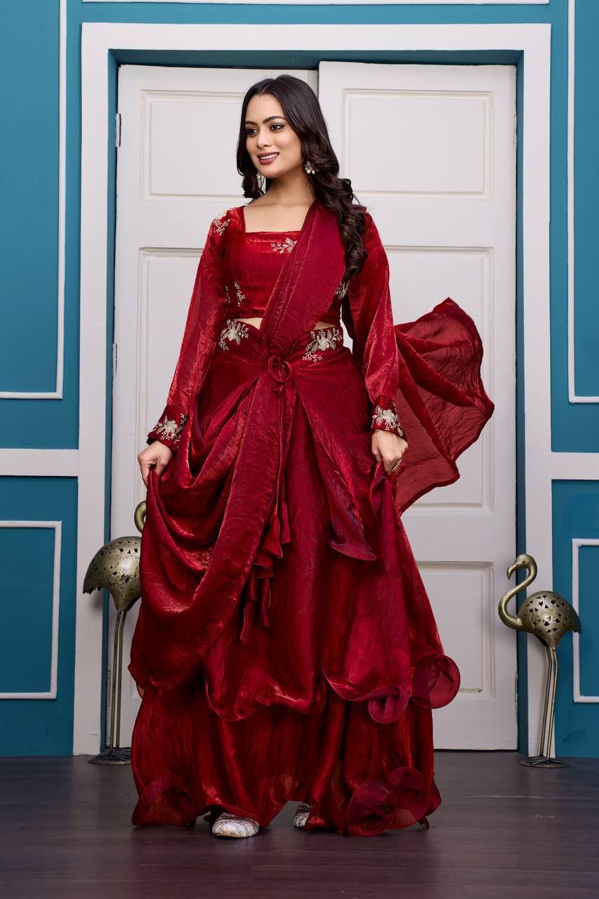 Maroon Heavy Fandy Satin Lehenga Set