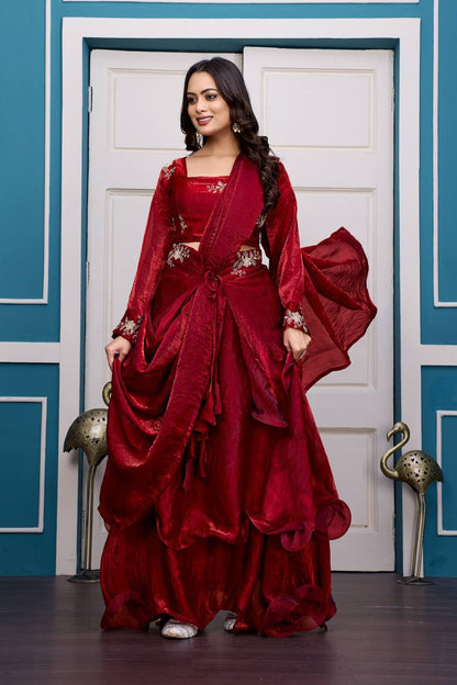Maroon Heavy Fandy Satin Lehenga Set