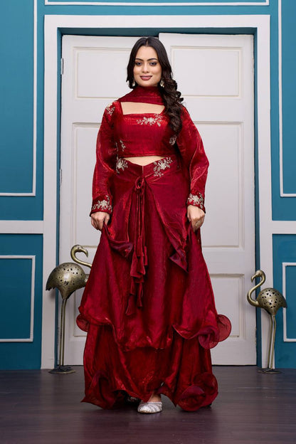 Maroon Heavy Fandy Satin Lehenga Set