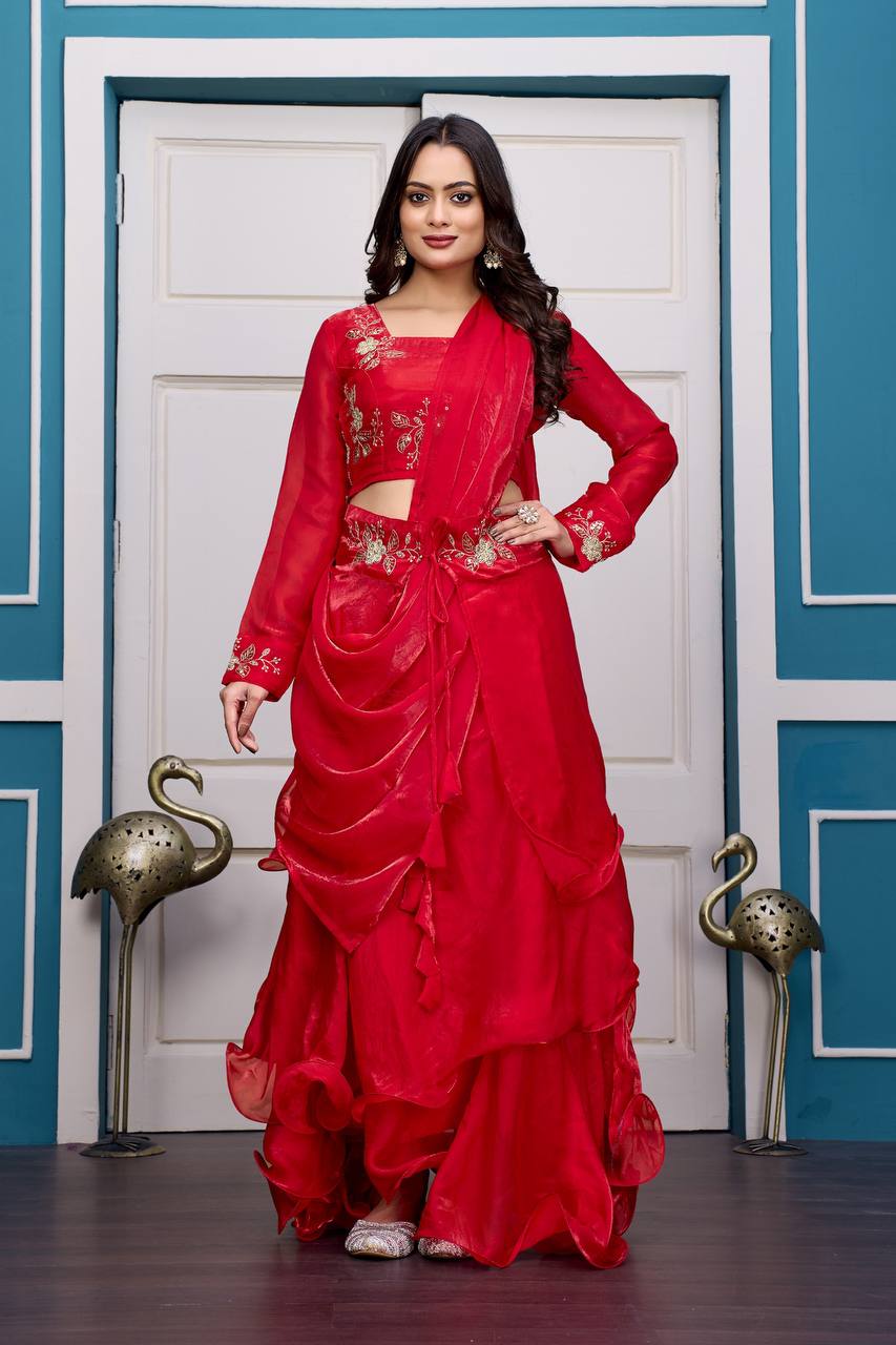 Red Heavy Fandy Satin Lehenga Set