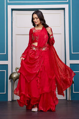 Red Heavy Fandy Satin Lehenga Set