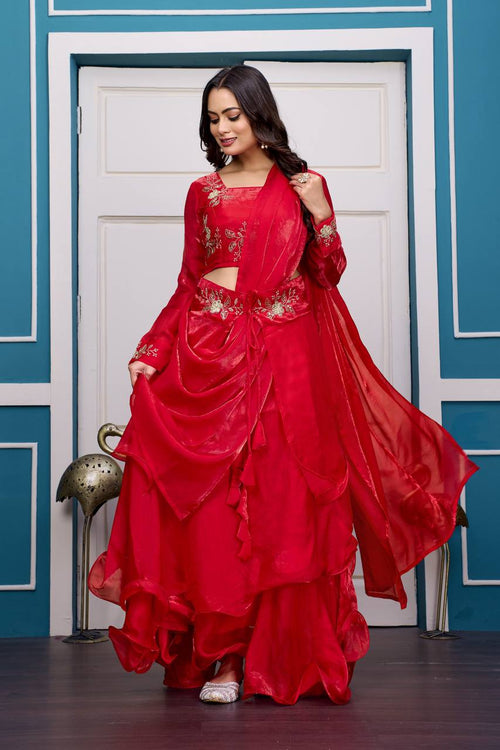Red Heavy Fandy Satin Lehenga Set