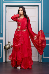 Red Heavy Fandy Satin Lehenga Set