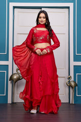Red Heavy Fandy Satin Lehenga Set