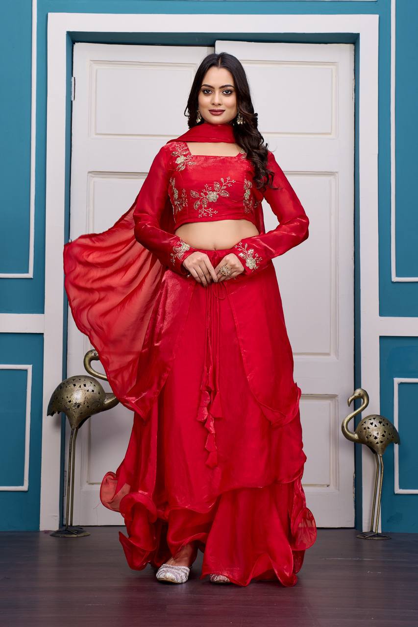 Red Heavy Fandy Satin Lehenga Set