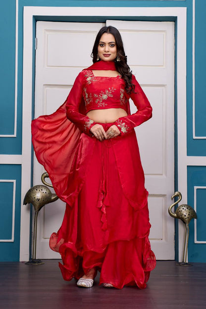 Red Heavy Fandy Satin Lehenga Set