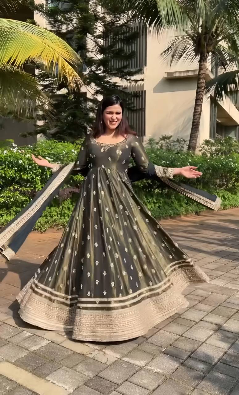 Mehndi Chinon Silk Eid Special Anarkali Suit Set