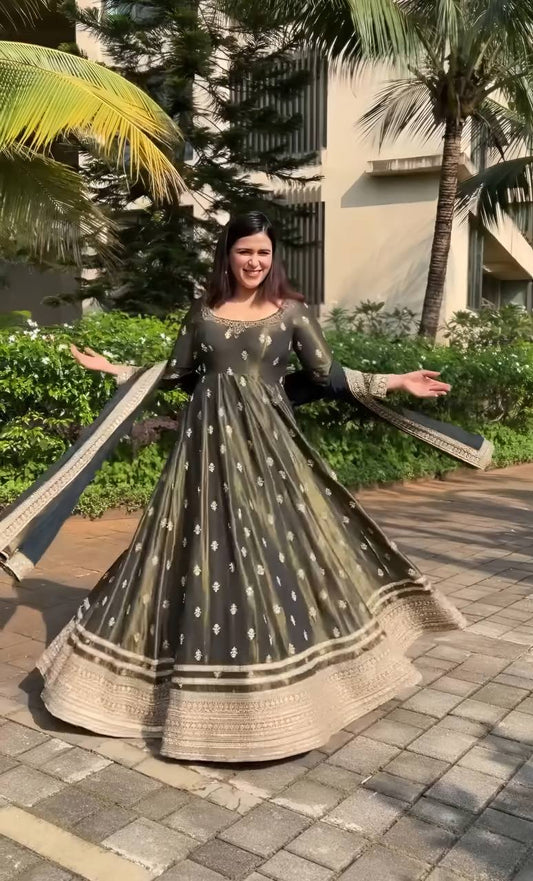 Mehndi Chinon Silk Eid Special Anarkali Suit Set