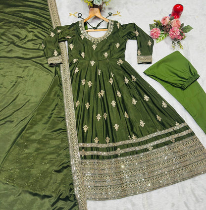 Mehndi Chinon Silk Eid Special Anarkali Suit Set