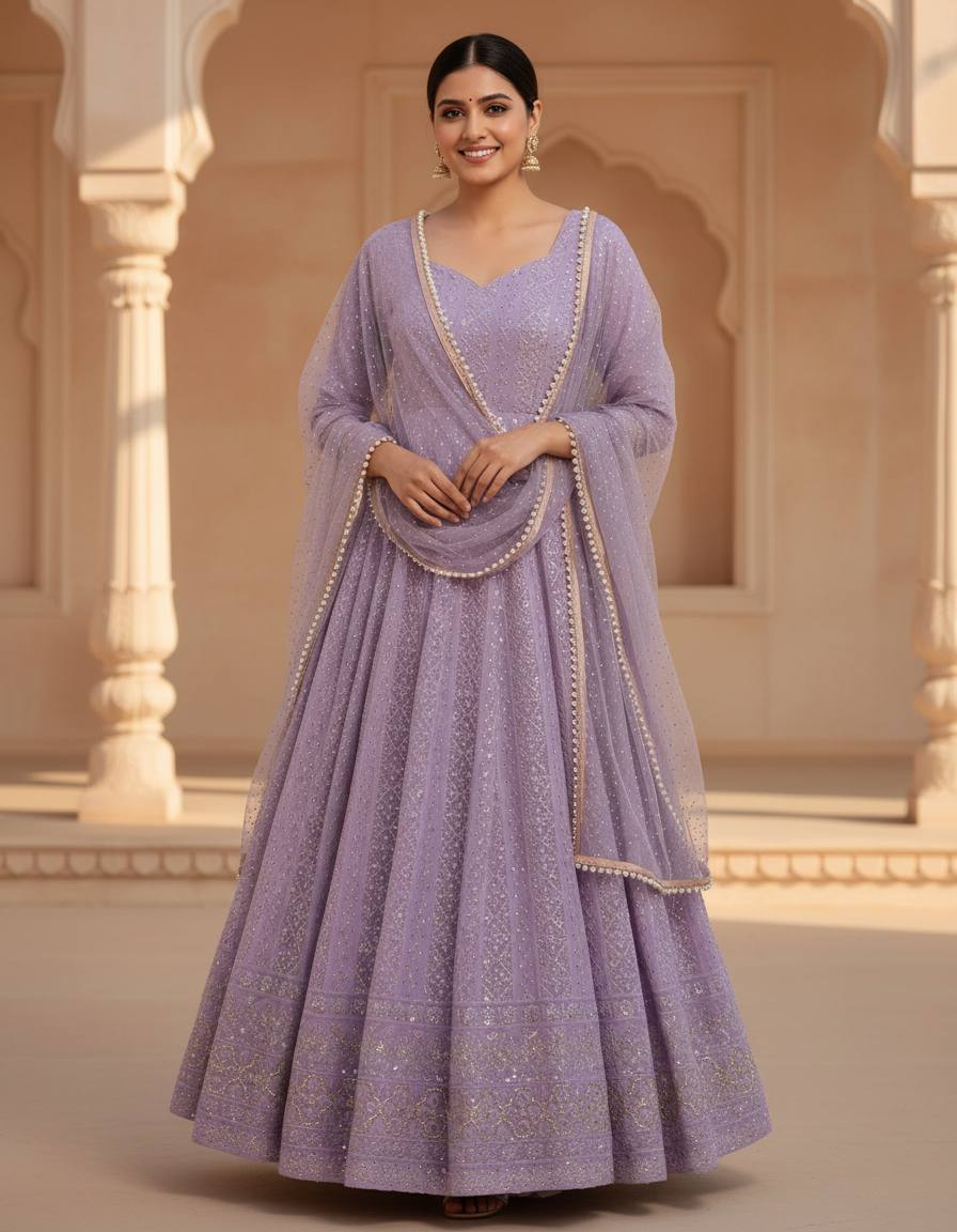 Levender Lucknowi Special Georgette Anarkali Suit Set
