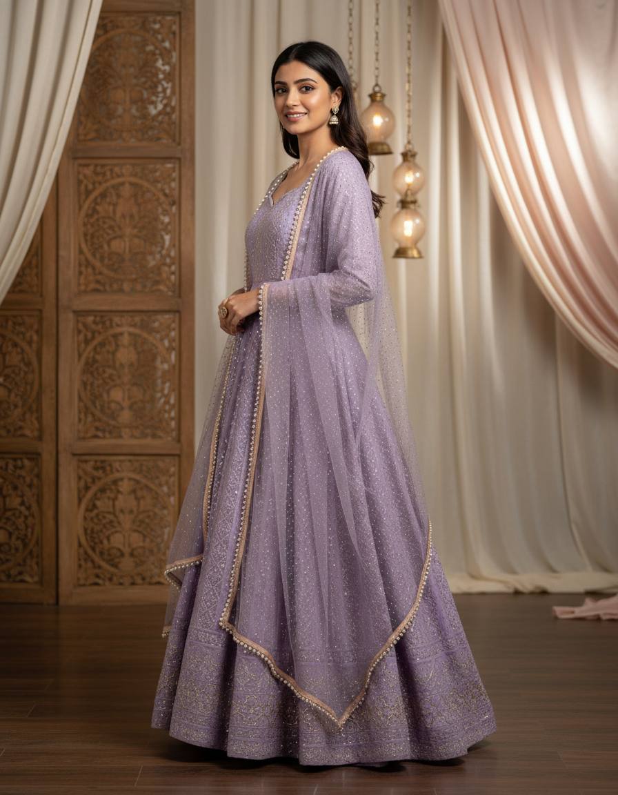 Levender Lucknowi Special Georgette Anarkali Suit Set
