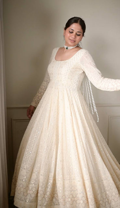 Off White Lucknowi Special Georgette Anarkali Suit Set