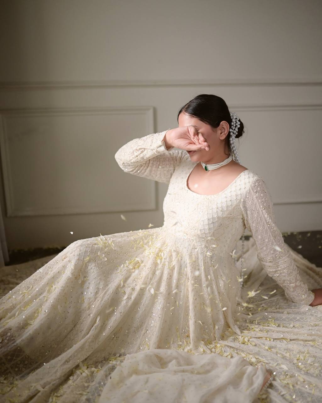 Off White Lucknowi Special Georgette Anarkali Suit Set