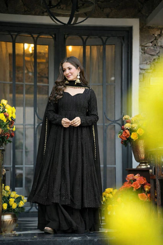 Black Faux Blooming Anarkali Sharara Suit Set