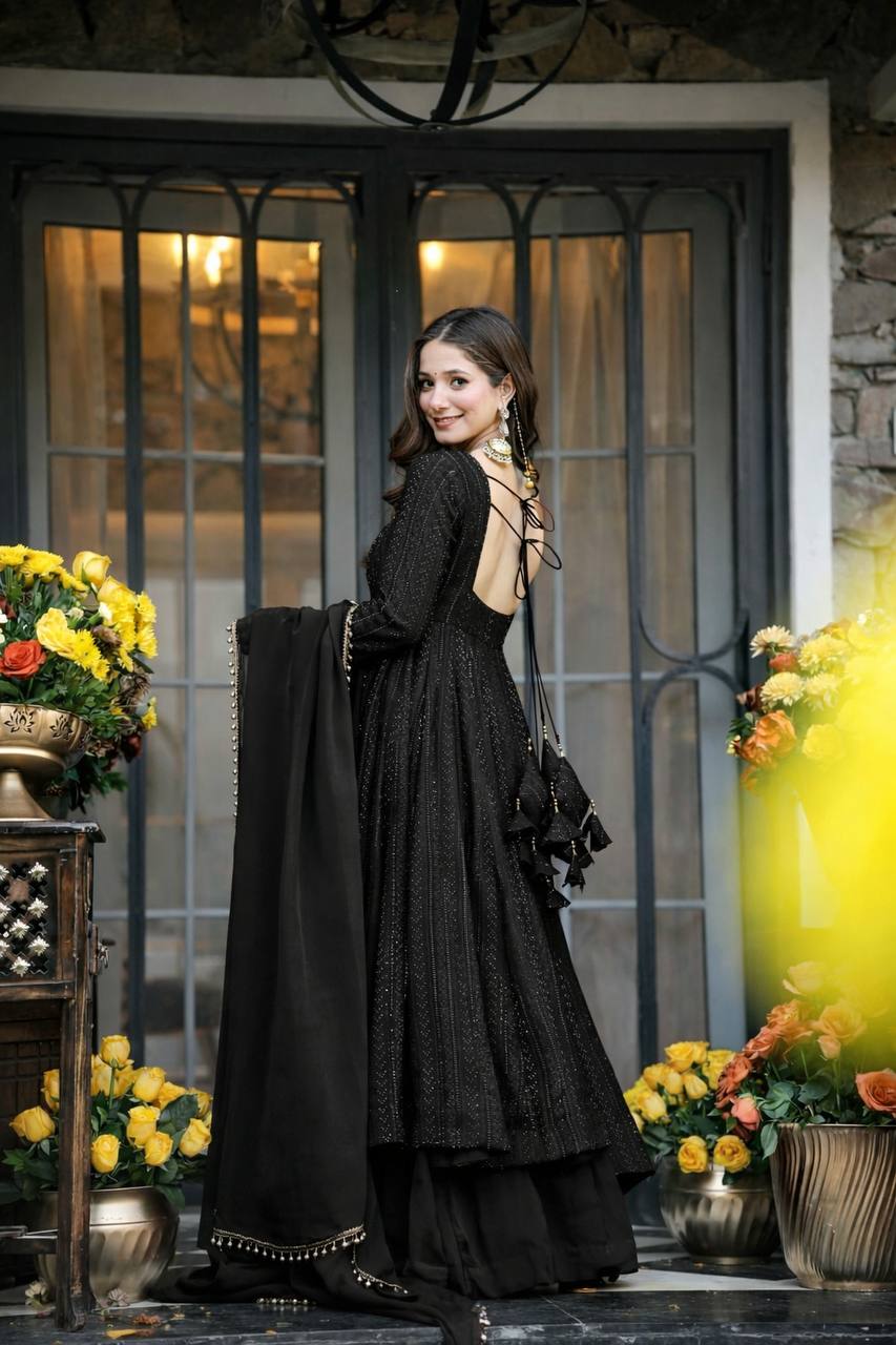 Black Faux Blooming Anarkali Sharara Suit Set
