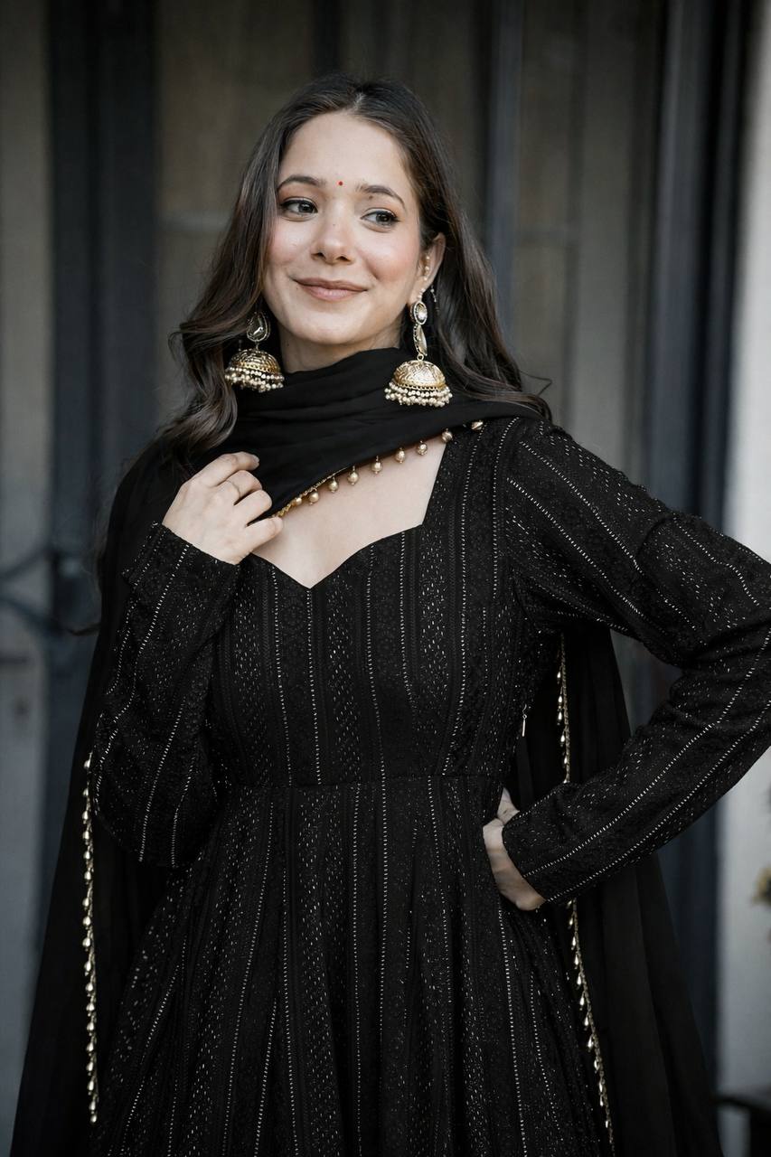 Black Faux Blooming Anarkali Sharara Suit Set