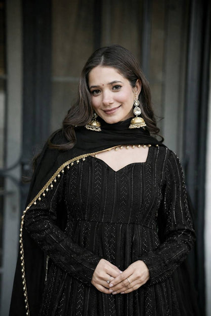 Black Faux Blooming Anarkali Sharara Suit Set