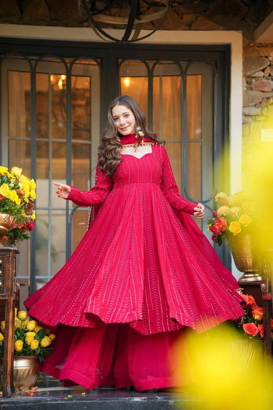 Pink Faux Blooming Anarkali Sharara Suit Set