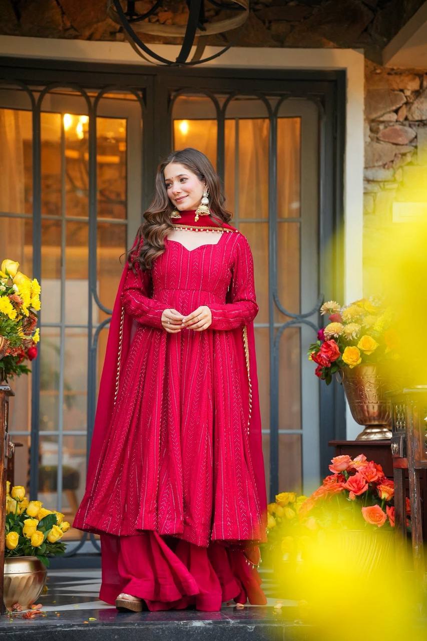 Pink Faux Blooming Anarkali Sharara Suit Set