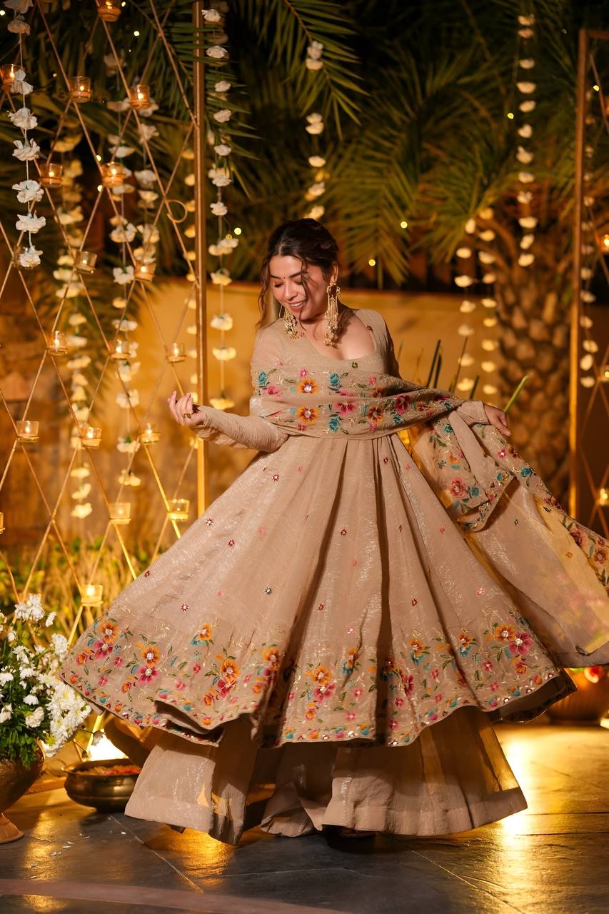 Beige Soft Crunchy Silk Anarkali Suit Set