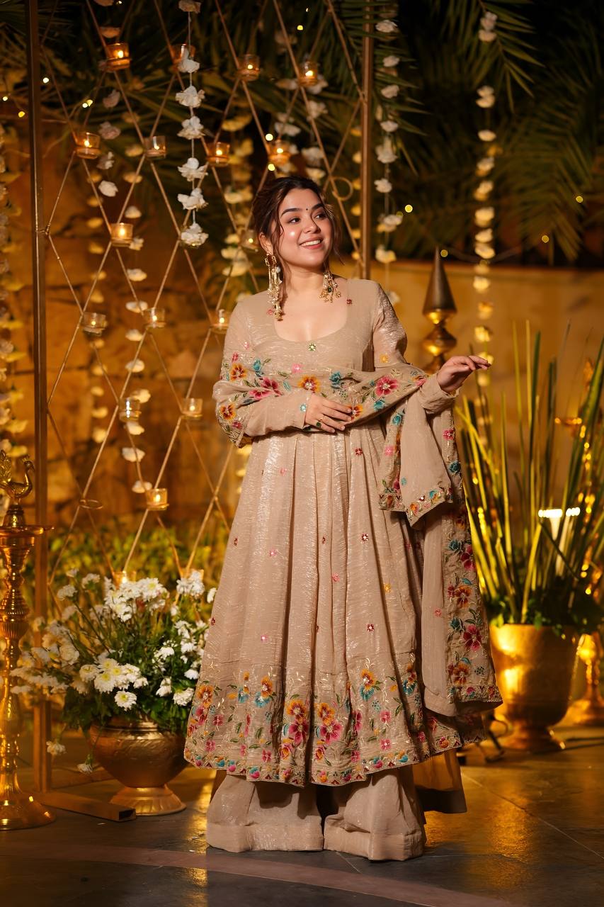 Beige Soft Crunchy Silk Anarkali Suit Set