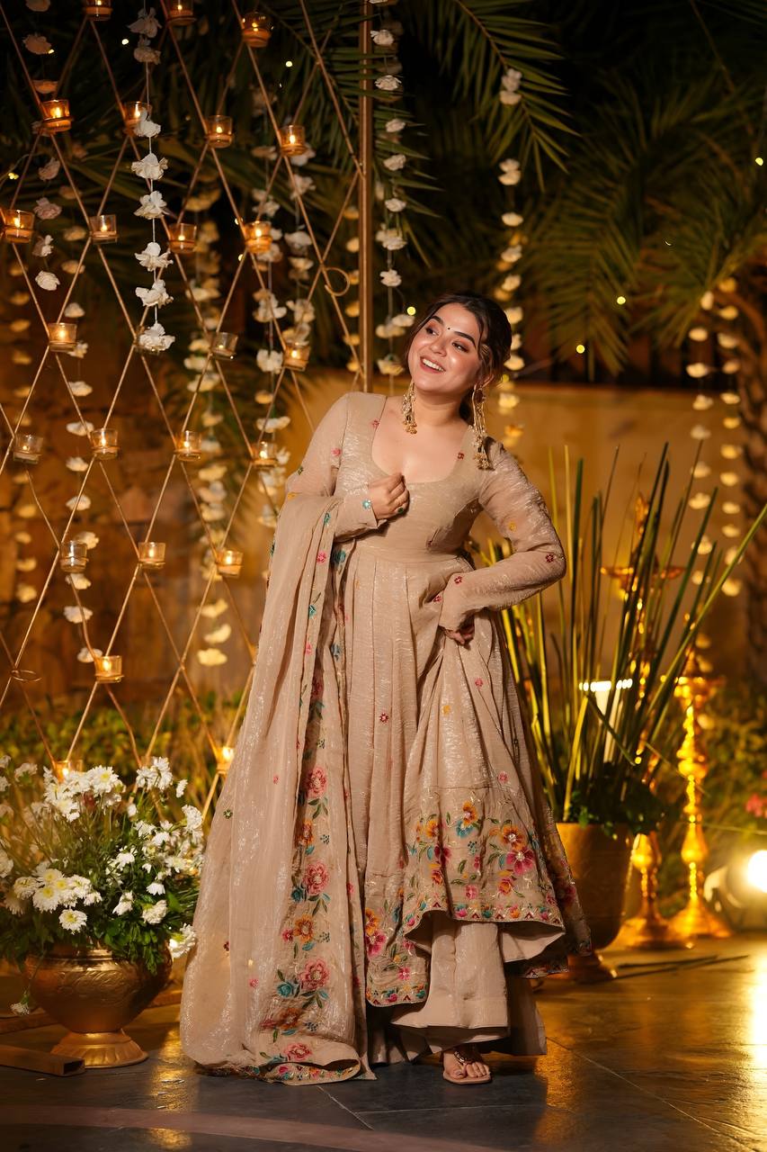 Beige Soft Crunchy Silk Anarkali Suit Set