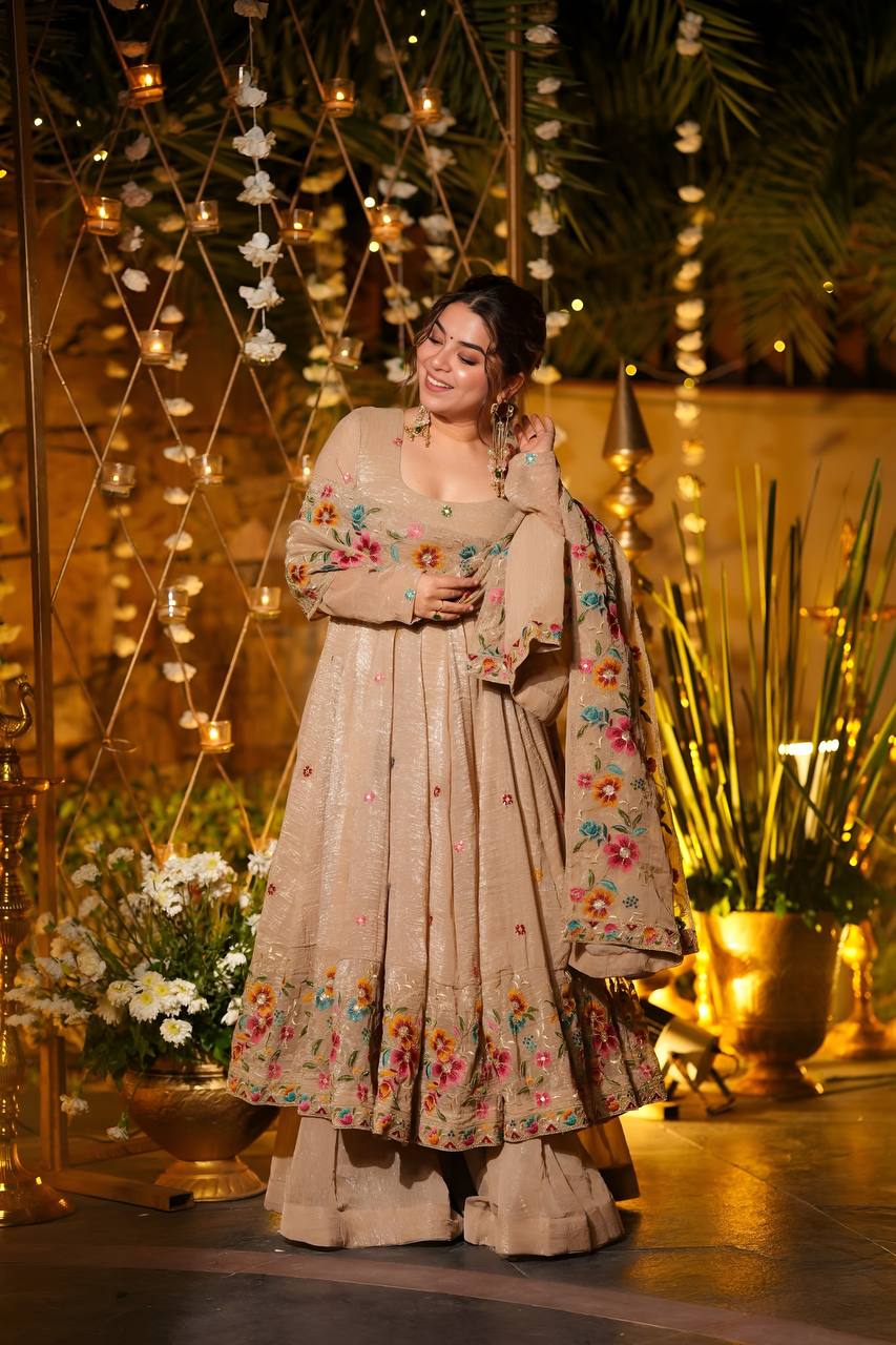 Beige Soft Crunchy Silk Anarkali Suit Set