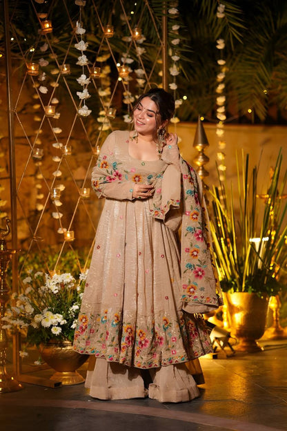 Beige Soft Crunchy Silk Anarkali Suit Set