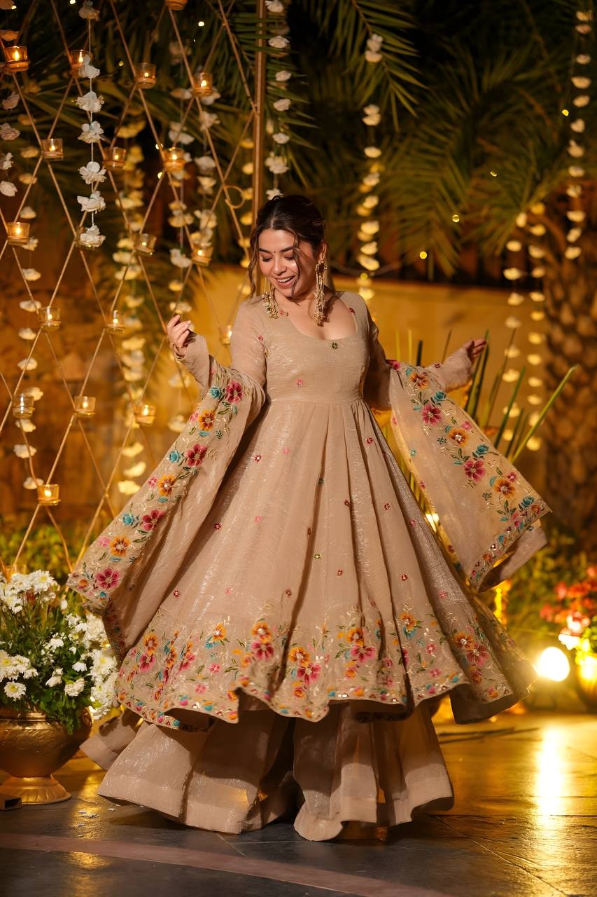 Beige Soft Crunchy Silk Anarkali Suit Set